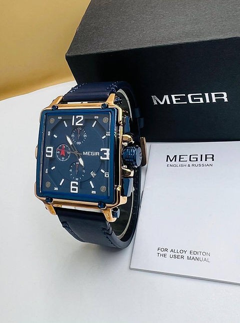 MEGIR Montre en cuir bleu