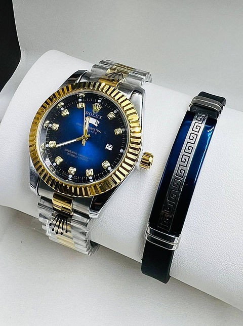Montre Rolex 2tons fond bleu+ Bracelet